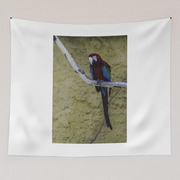 Item preview, Colorful Scarlet Macaw Perched on Branch Against Textured Yellow Background, Tropical Bird Portrait designed and sold by Nmallia.