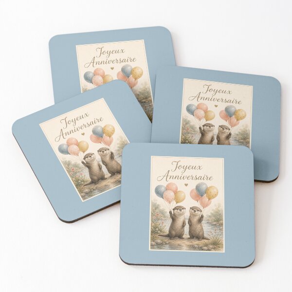Item preview, Joyeux Anniversaire Otters – French Birthday Card with Balloons designed and sold by Novel Works Studio.
