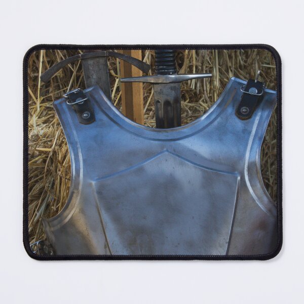 Item preview, Medieval Sword and Steel Breastplate Armor Standing Against Hay Bales at Reenactment designed and sold by Nmallia.