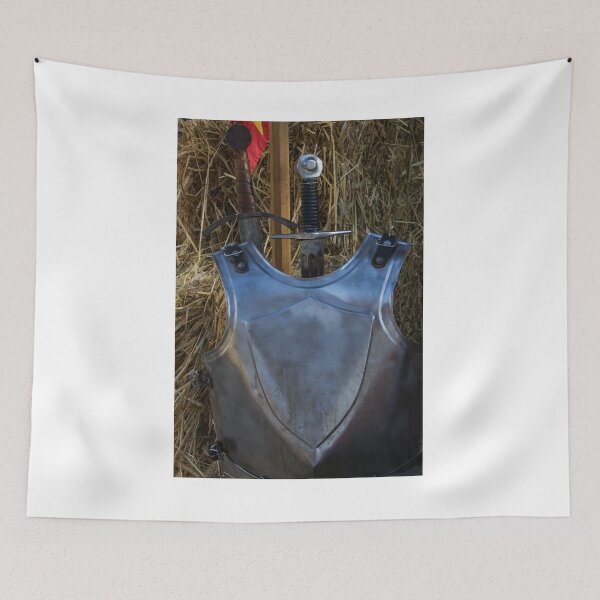 Item preview, Medieval Sword and Steel Breastplate Armor Standing Against Hay Bales at Reenactment designed and sold by Nmallia.