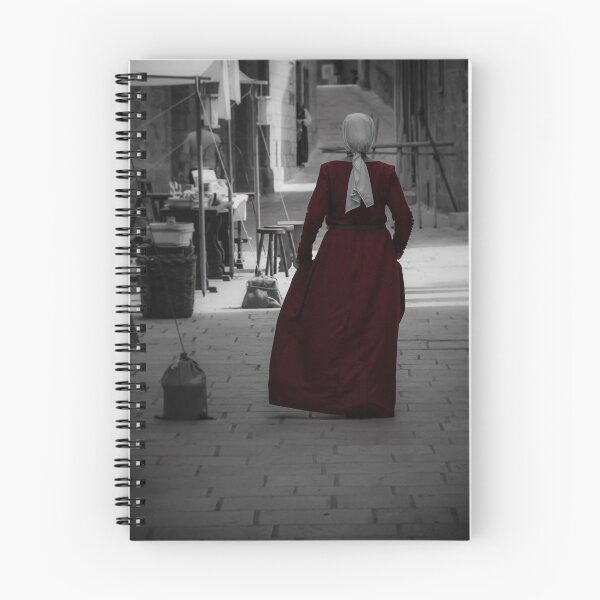 Item preview, Woman in Red Dress and Headscarf Walking Through Historic Narrow Street, Back View, Selective Color designed and sold by Nmallia.