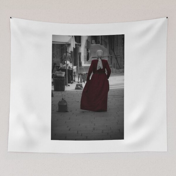 Item preview, Woman in Red Dress and Headscarf Walking Through Historic Narrow Street, Back View, Selective Color designed and sold by Nmallia.