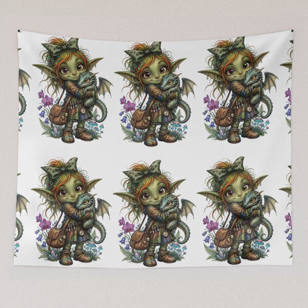 Item preview, Cute Goblin Girl Hugging Baby Dragon designed and sold by Sovereign Supply Co..