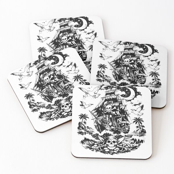Item preview, Pirate sailing ships with seagulls flying (black and white ver) designed and sold by Moonshroomarts.