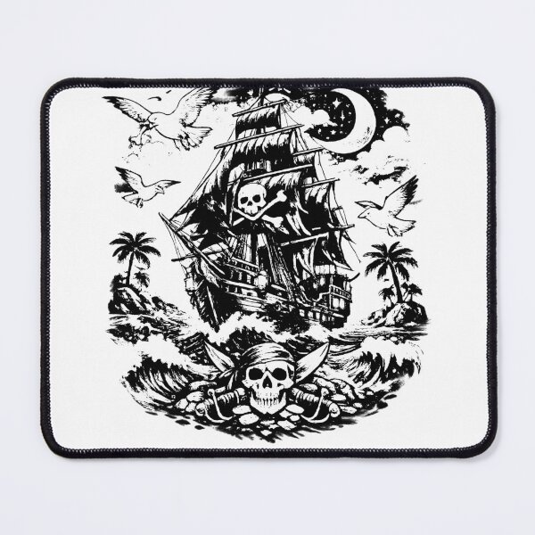 Item preview, Pirate sailing ships with seagulls flying (black and white ver) designed and sold by Moonshroomarts.