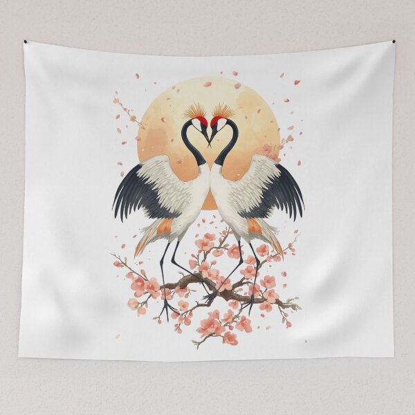 Item preview, Japanese Crane Couple Watercolor Art Print | Red-Crowned Cranes Cherry Blossom Moon | Love Anniversary Wall Decor designed and sold by Panom Suavichien.