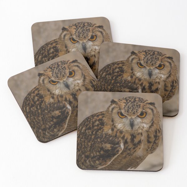 Item preview, Close-Up Portrait of a Eurasian Eagle-Owl With Intense Orange Eyes Perched and Alert designed and sold by Nmallia.