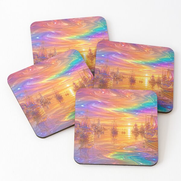 Item preview, Crystal Glass Harbor at Sunset | Fantasy Sailing Ships Art Print | Iridescent Ocean Wall Art designed and sold by YourForKor.