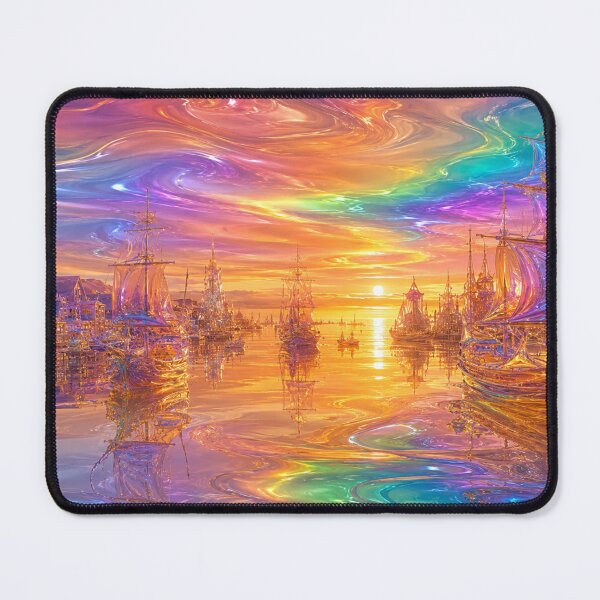 Item preview, Crystal Glass Harbor at Sunset | Fantasy Sailing Ships Art Print | Iridescent Ocean Wall Art designed and sold by YourForKor.