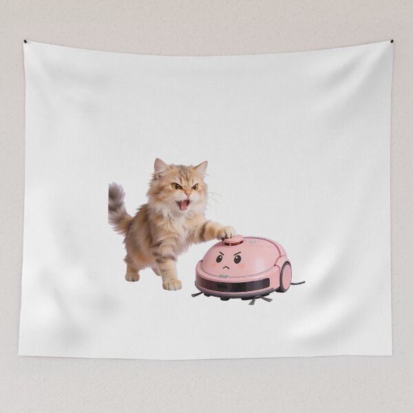 Item preview, Bossy Ginger Cat & Guilty Pink Robot Vacuum designed and sold by OksArtStudio.