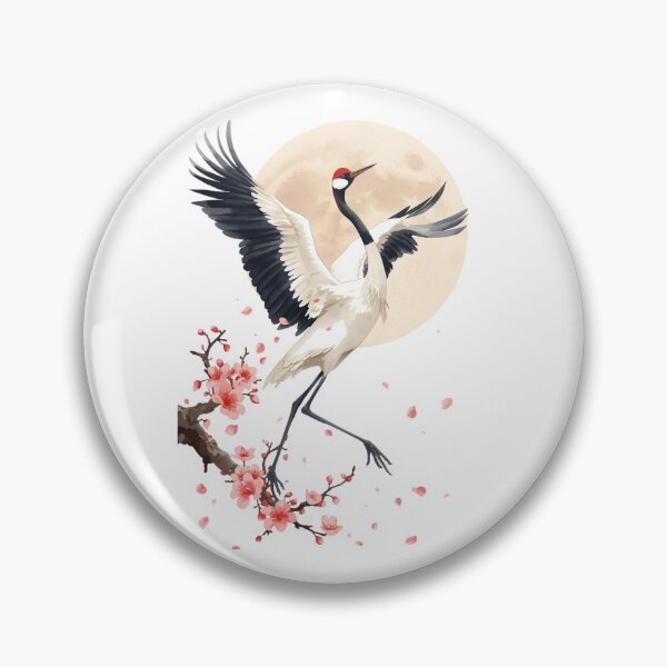 Item preview, Japanese Crane Watercolor Art Print | Red-Crowned Crane Dancing Cherry Blossom Moon | Zen Japanese Wall Decor designed and sold by Panom Suavichien.