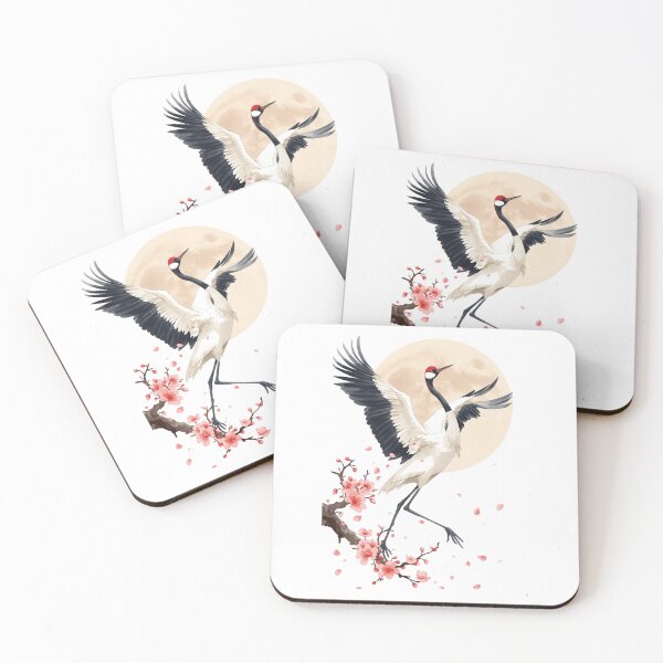 Item preview, Japanese Crane Watercolor Art Print | Red-Crowned Crane Dancing Cherry Blossom Moon | Zen Japanese Wall Decor designed and sold by Panom Suavichien.