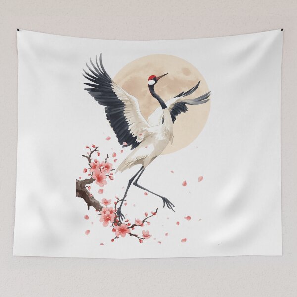 Item preview, Japanese Crane Watercolor Art Print | Red-Crowned Crane Dancing Cherry Blossom Moon | Zen Japanese Wall Decor designed and sold by Panom Suavichien.