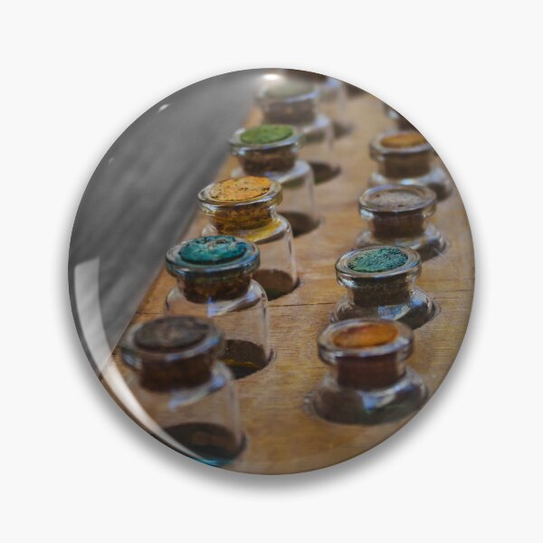 Item preview, Vintage Glass Paint Jars in Wooden Tray With Colorful Pigments and Art Supplies designed and sold by Nmallia.