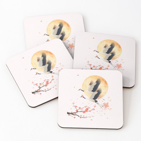Item preview, Japanese Crane Watercolor Art Print | Red-Crowned Crane Flying Cherry Blossom Moon | Zen Japanese Wall Decor designed and sold by Panom Suavichien.