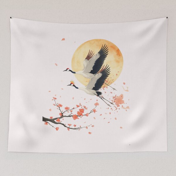 Item preview, Japanese Crane Watercolor Art Print | Red-Crowned Crane Flying Cherry Blossom Moon | Zen Japanese Wall Decor designed and sold by Panom Suavichien.