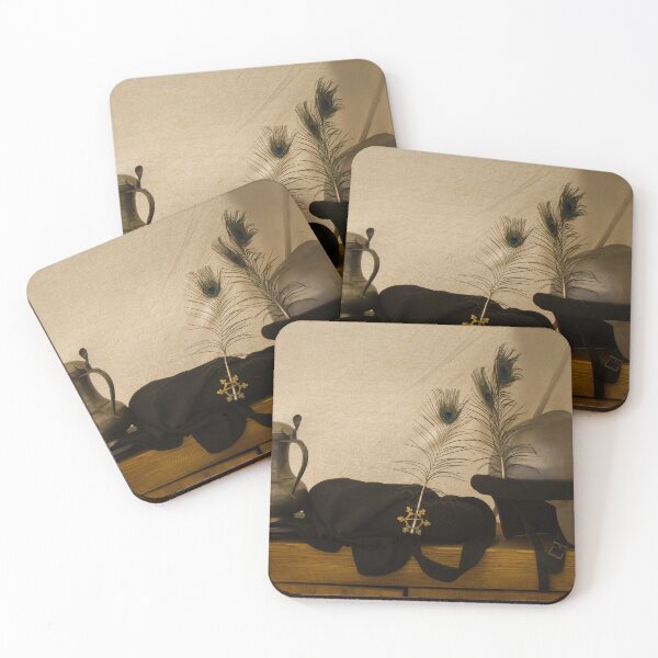 Item preview, Medieval Helmet With Peacock Feathers and Pewter Pitcher on Wooden Chest Still Life designed and sold by Nmallia.