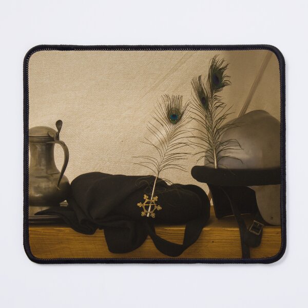 Item preview, Medieval Helmet With Peacock Feathers and Pewter Pitcher on Wooden Chest Still Life designed and sold by Nmallia.