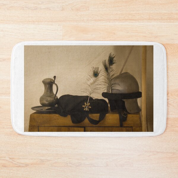Item preview, Medieval Helmet With Peacock Feathers and Pewter Pitcher on Wooden Chest Still Life designed and sold by Nmallia.
