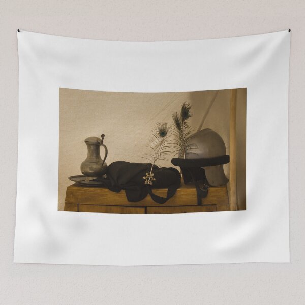 Item preview, Medieval Helmet With Peacock Feathers and Pewter Pitcher on Wooden Chest Still Life designed and sold by Nmallia.