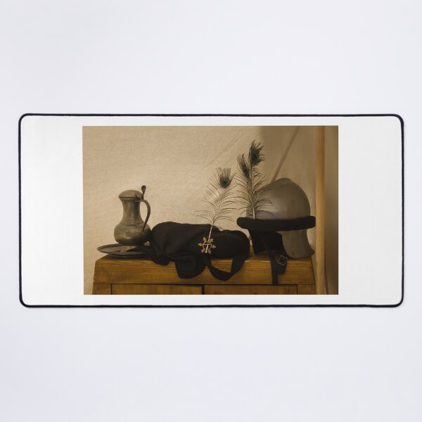 Item preview, Medieval Helmet With Peacock Feathers and Pewter Pitcher on Wooden Chest Still Life designed and sold by Nmallia.