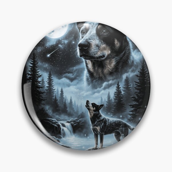 Item preview, Blue Heeler Australian Cattle Dog Howling At Moon Waterfall Night Forest designed and sold by VedaSeraphina.