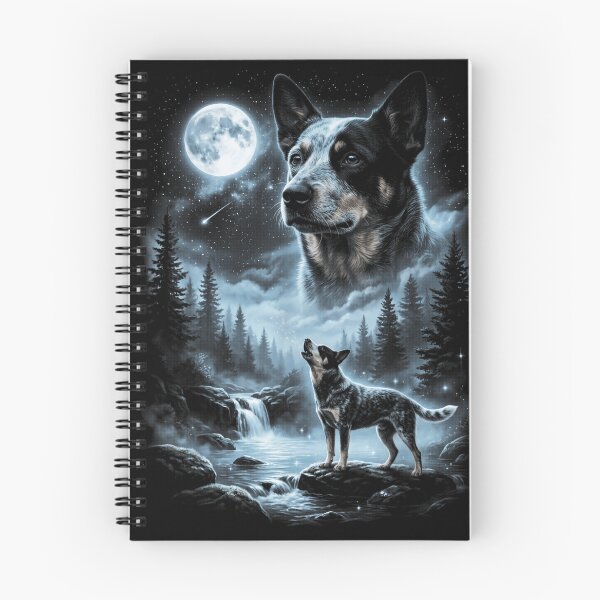 Item preview, Perro pastor australiano Blue Heeler aullando a la luna en una cascada nocturna en el bosque designed and sold by VedaSeraphina.