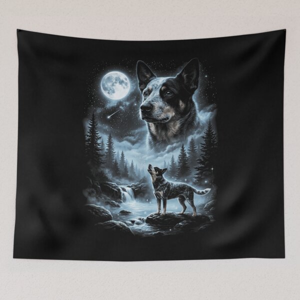 Item preview, Blue Heeler Australian Cattle Dog Howling At Moon Waterfall Night Forest designed and sold by VedaSeraphina.