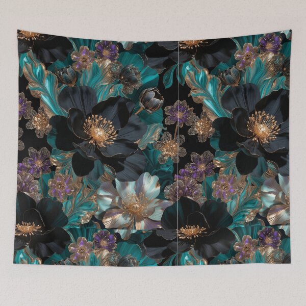 Item preview, Midnight Teal & Noir Floral Pattern | Luxury Black Gold Botanical Design | Elegant Jewel Tone Flowers designed and sold by GalleryPeak.