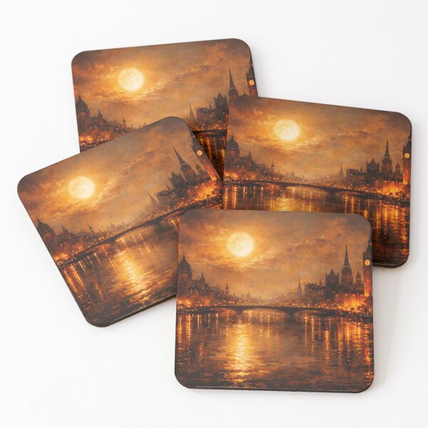 Item preview, London Big Ben Full Moon Skyline Gold Glow Oil Painting Style designed and sold by Joey Santiago.