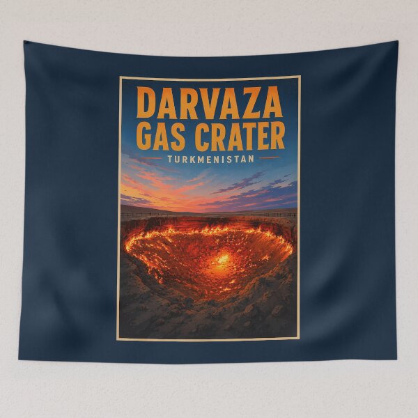 Item preview, Darvaza Gas Crater Turkmenistan Illustration Travel Art Vintage designed and sold by KrisSidDesigns.