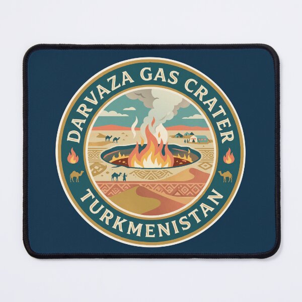 Item preview, Darvaza Gas Crater Turkmenistan Illustration Travel Art Badge designed and sold by KrisSidDesigns.