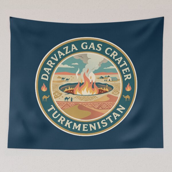 Item preview, Darvaza Gas Crater Turkmenistan Illustration Travel Art Badge designed and sold by KrisSidDesigns.