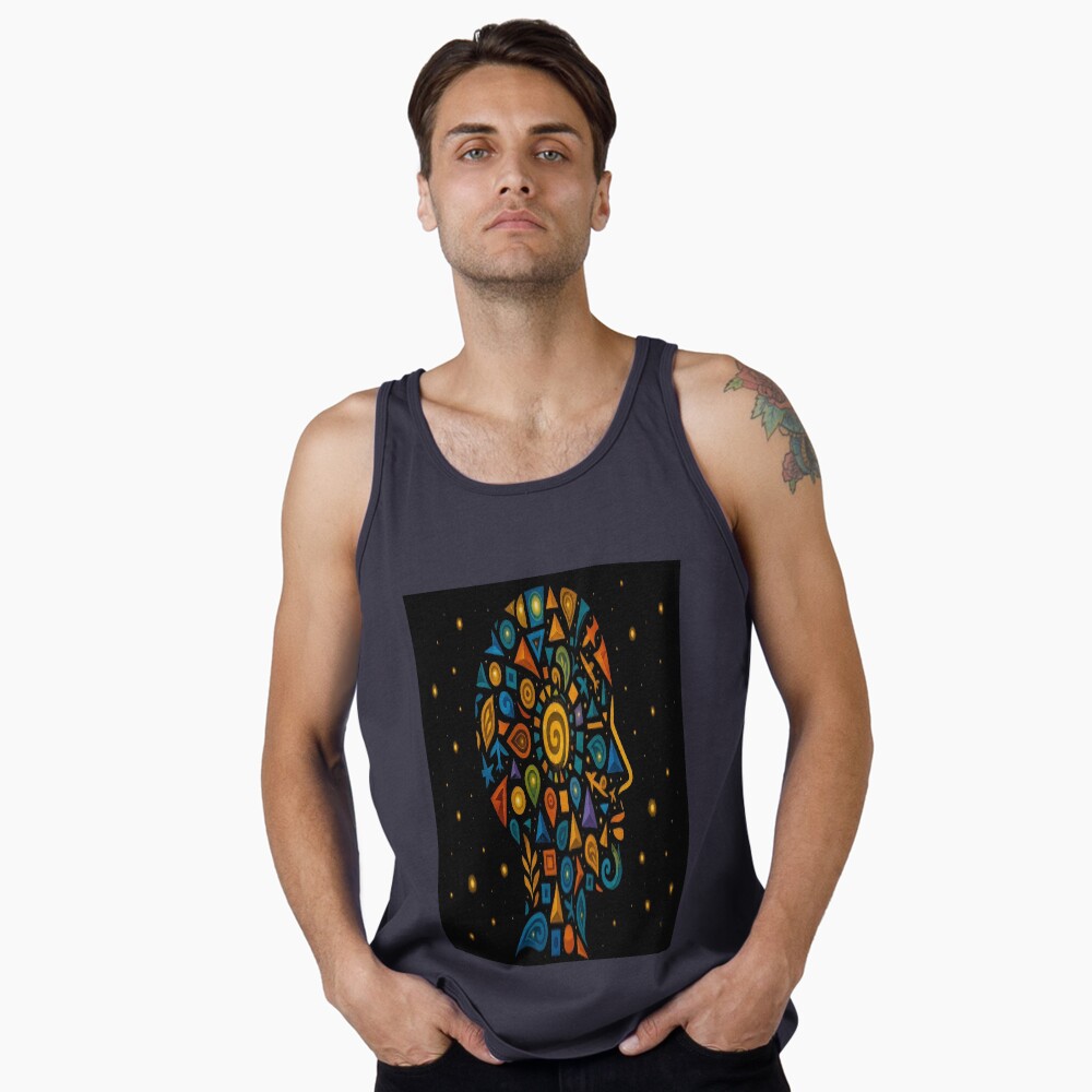 Celestial Geometric Mind Abstract Profile Art on a tank top