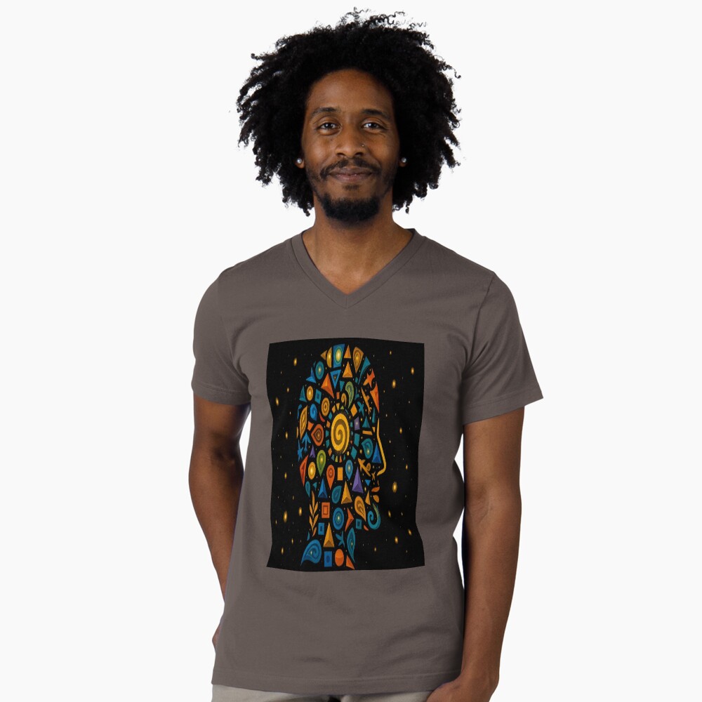 Celestial Geometric Mind Abstract Profile Art on a v-neck t-shirt