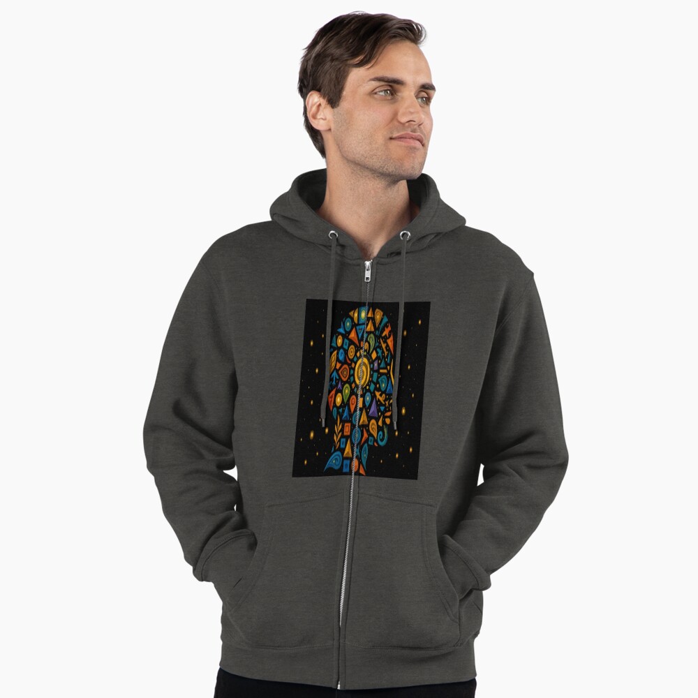 Celestial Geometric Mind Abstract Profile Art on a zip hoodie