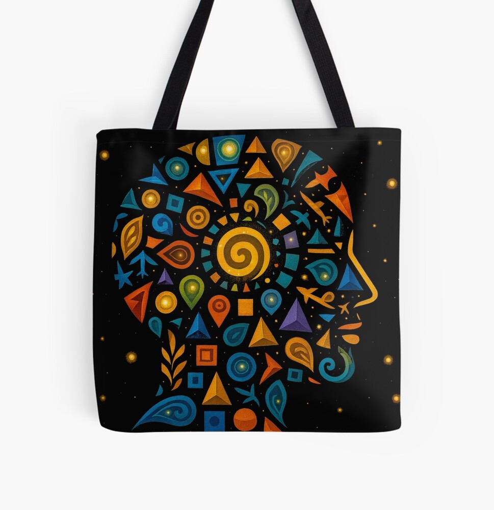 Celestial Geometric Mind Abstract Profile Art on a tote bag