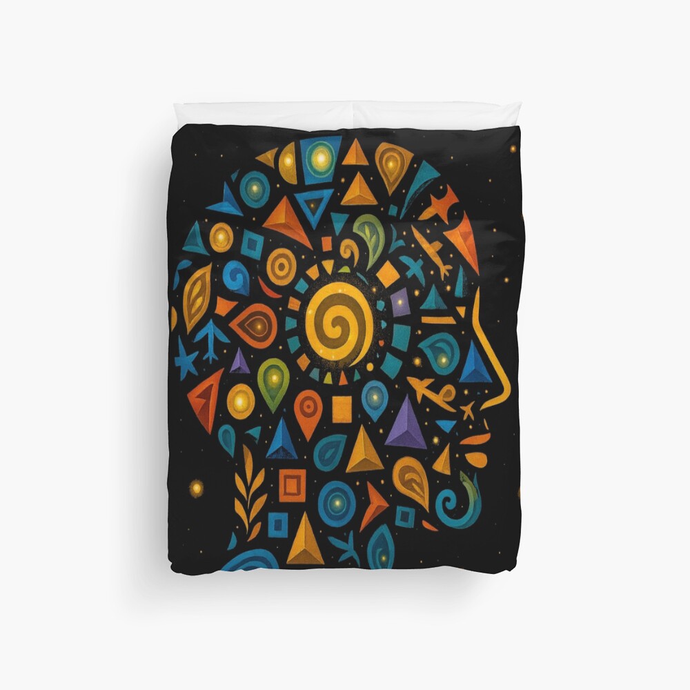 Celestial Geometric Mind Abstract Profile Art on a duvet cover