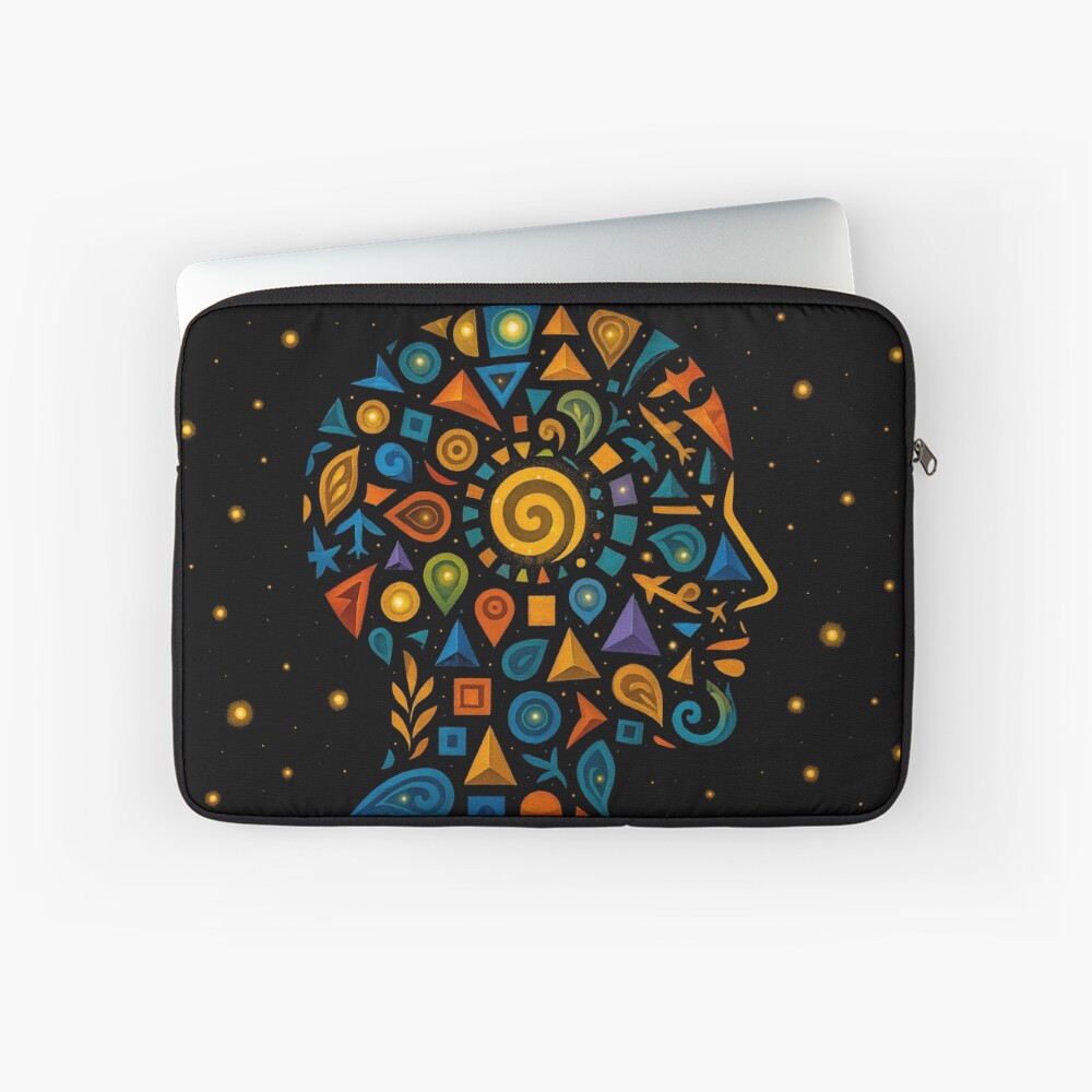 Celestial Geometric Mind Abstract Profile Art on a laptop sleeve