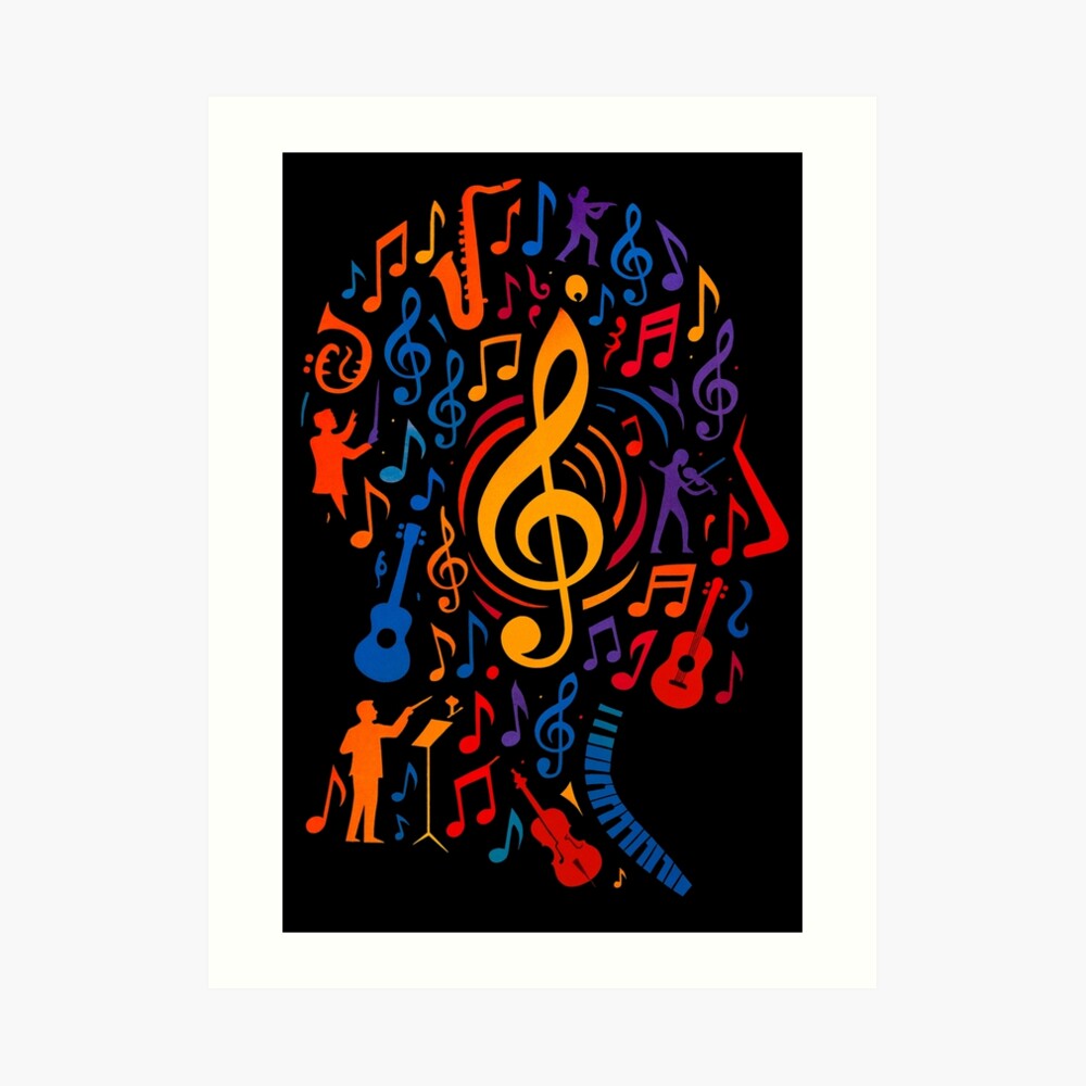 Colorful Treble Clef Music Collage Art on a art print