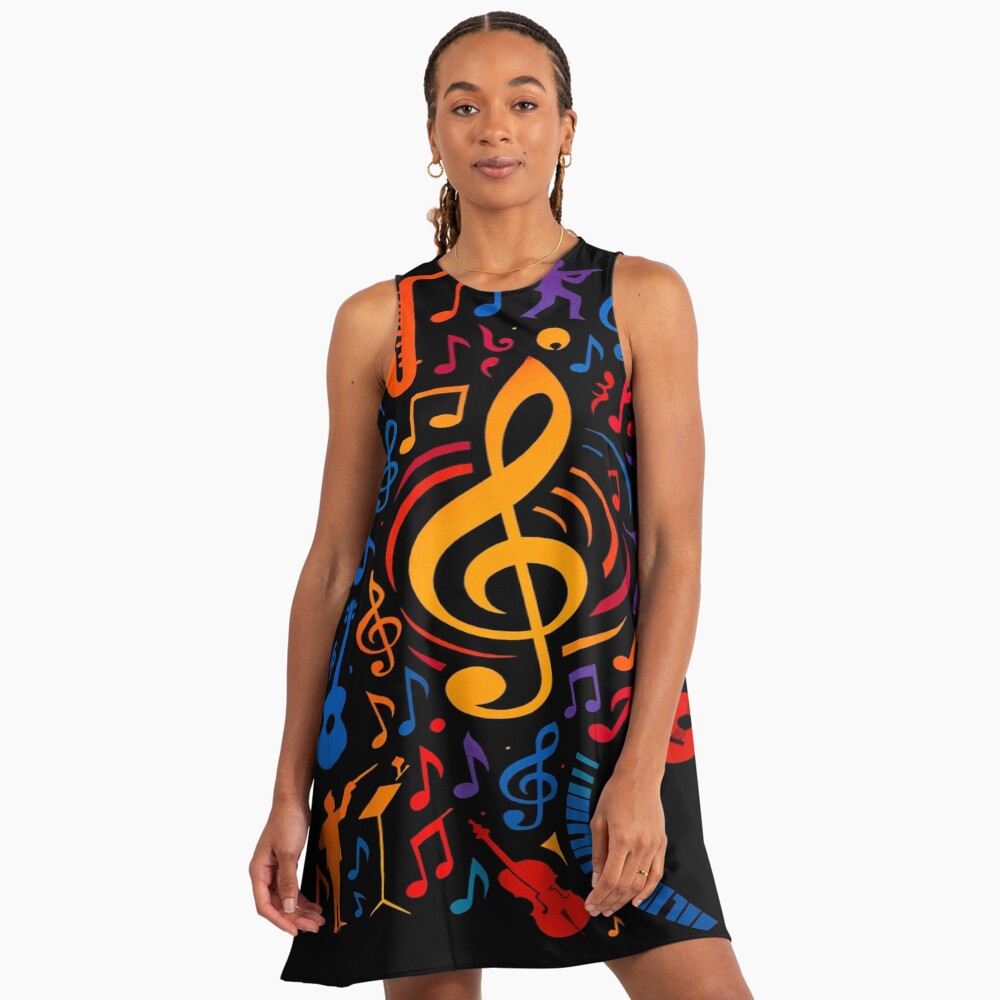 Colorful Treble Clef Music Collage Art on a a-line dress
