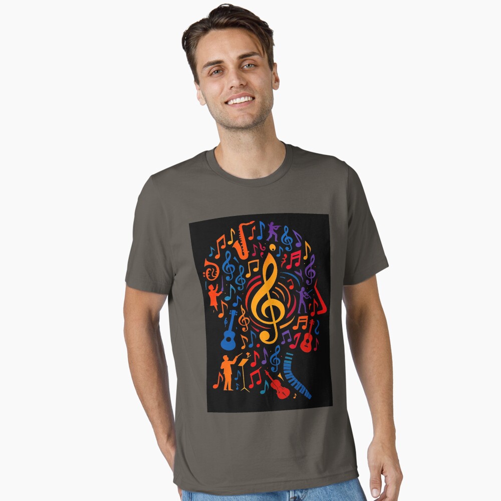 Colorful Treble Clef Music Collage Art on a essential t-shirt