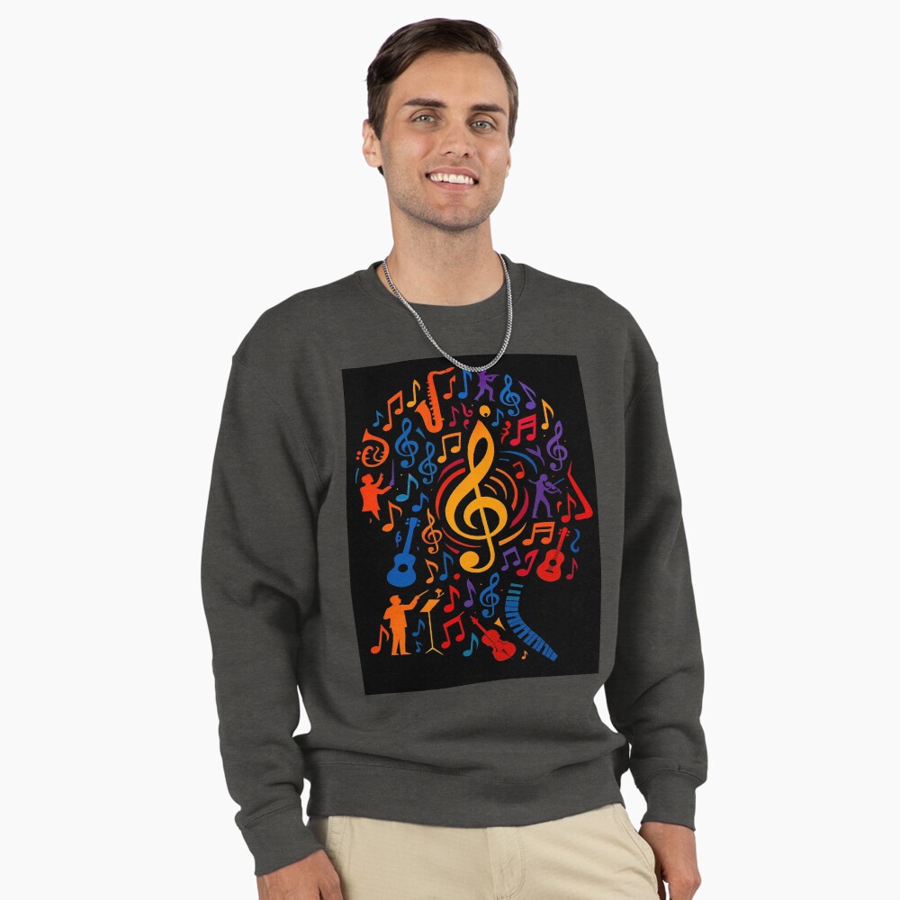 Colorful Treble Clef Music Collage Art on a sweatshirt
