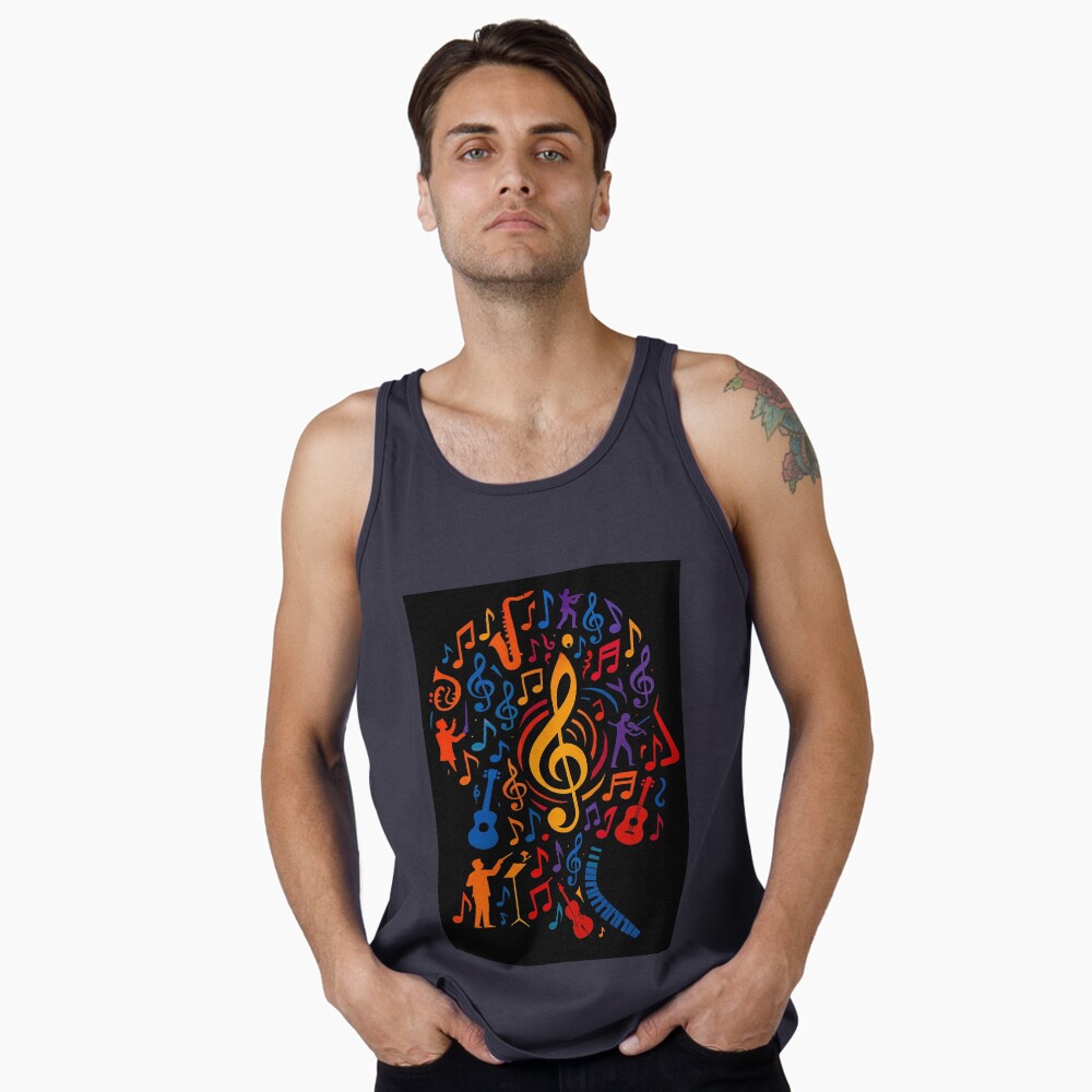 Colorful Treble Clef Music Collage Art on a tank top