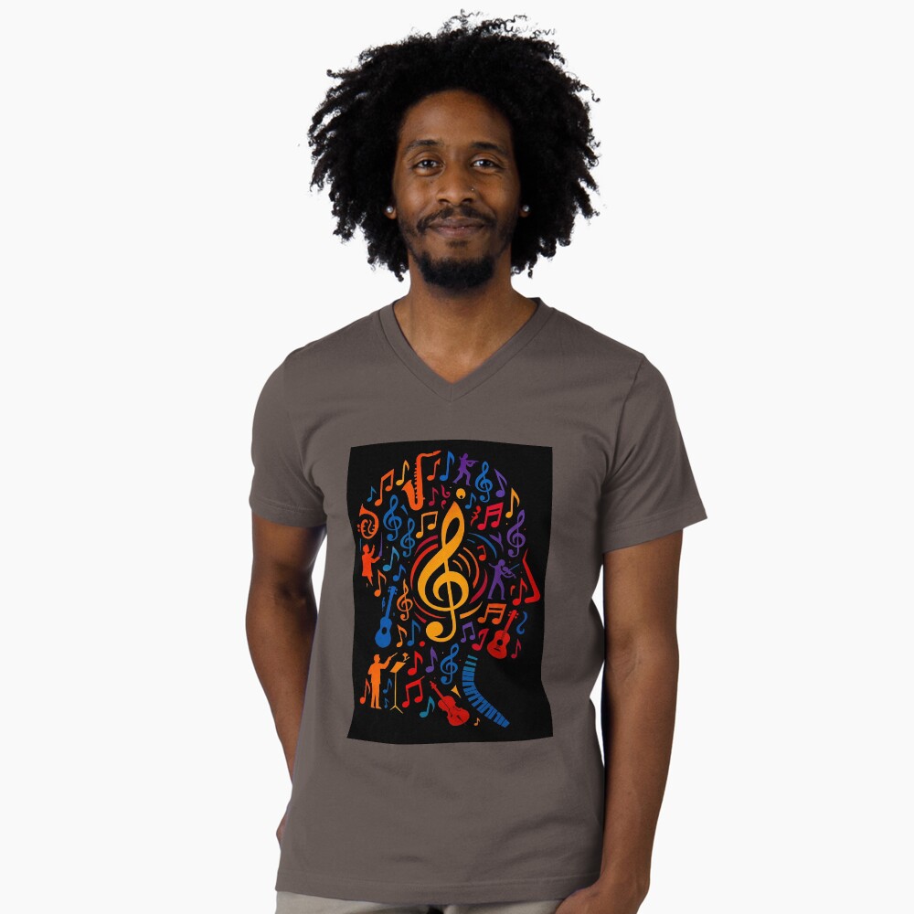 Colorful Treble Clef Music Collage Art on a v-neck t-shirt
