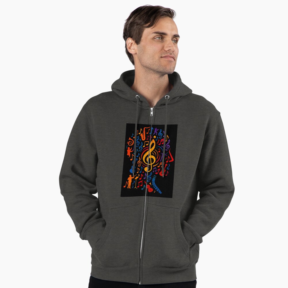 Colorful Treble Clef Music Collage Art on a zip hoodie
