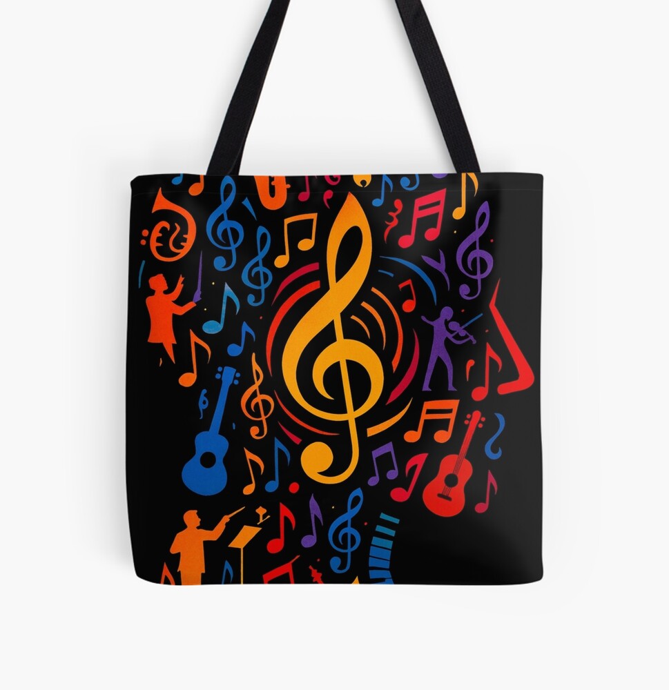 Colorful Treble Clef Music Collage Art on a tote bag