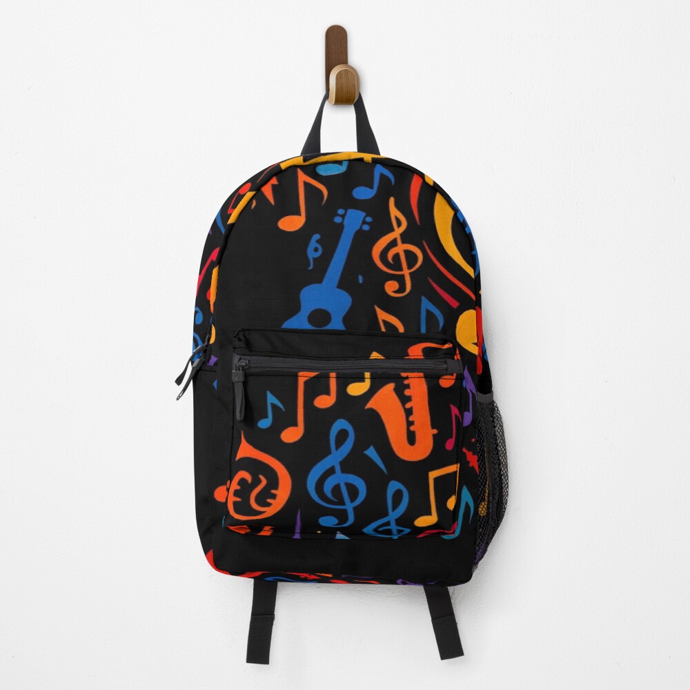 Colorful Treble Clef Music Collage Art on a backpack