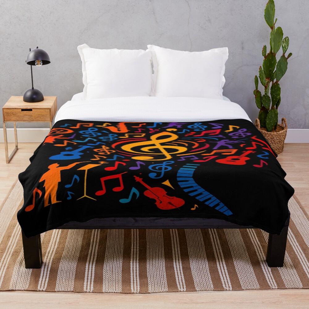 Colorful Treble Clef Music Collage Art on a throw blanket