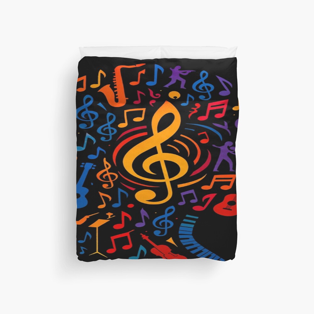 Colorful Treble Clef Music Collage Art on a duvet cover